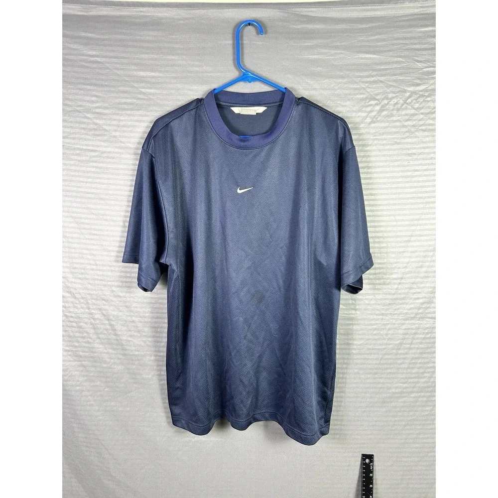 VTG Nike‎ Center Swoosh Embroidered Logo Textured T-Shirt Sz Large Blue Athletic